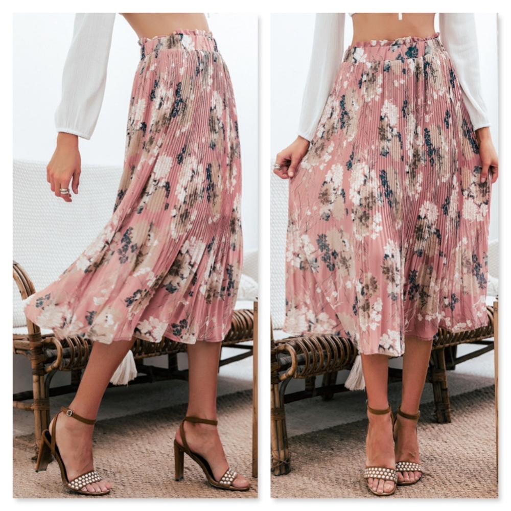 Pleated Floral Print High Waist Midi Pink Skirt - Picture 2 of 8